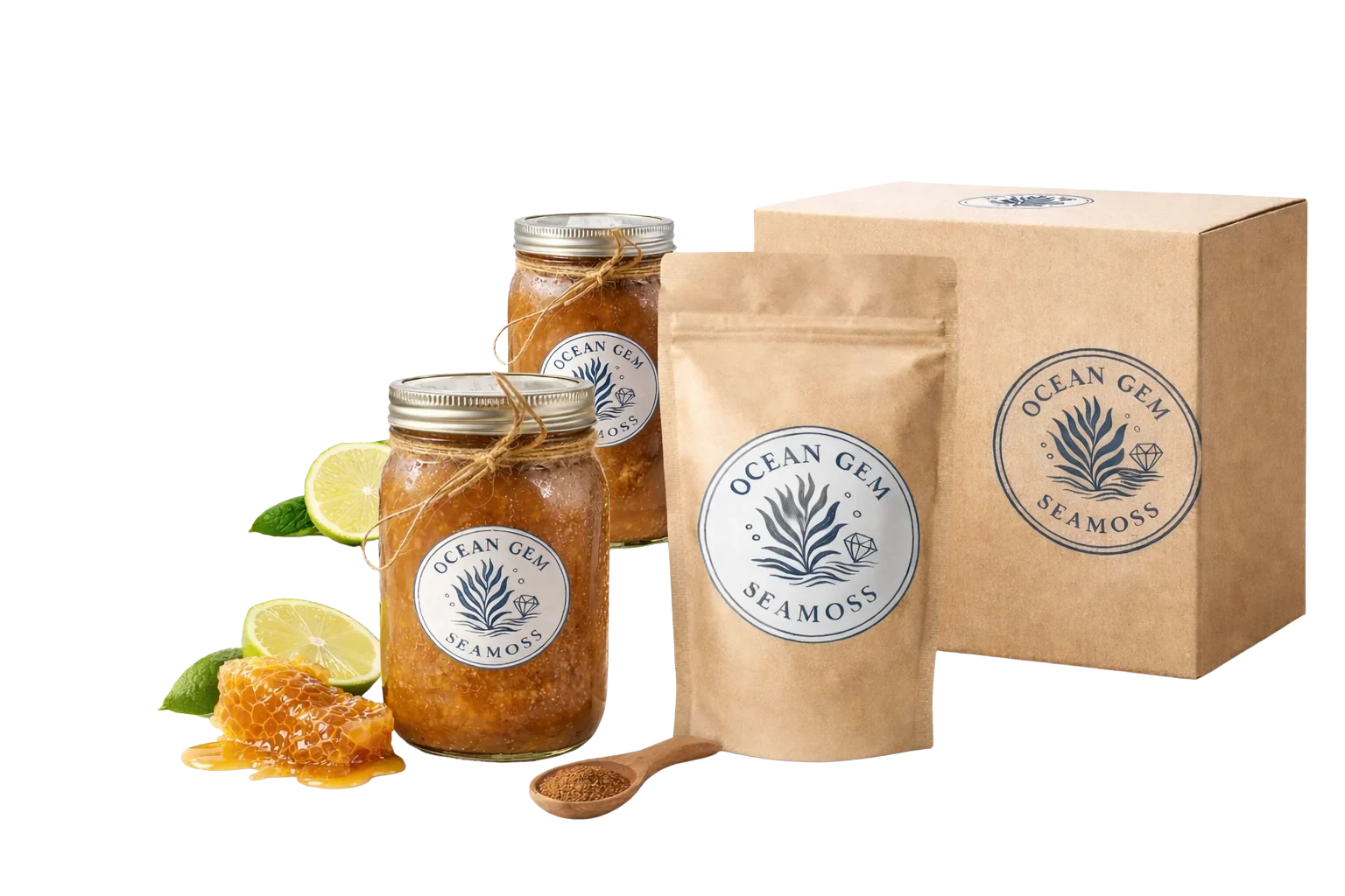 Original Ocean Gem sea moss jars and branded packaging with lime, honey, and cinnamon